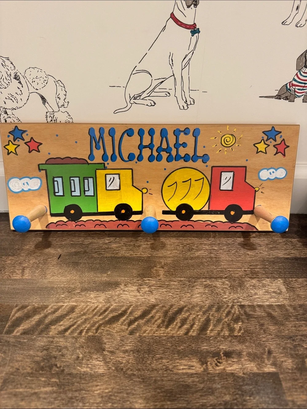 Michael Personalized Kids Wooden Train Wall Hook - Blue, Red, Green, Yellow
